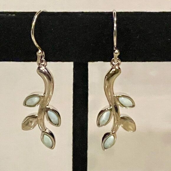 Unique Genuine Blue Larimar Oval Leaf Vine Sterling Silver Dangle Earrings - Picture 1 of 7